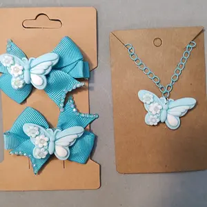 Blue Butterfly Bows and Matching Necklace Set - 2 Inches