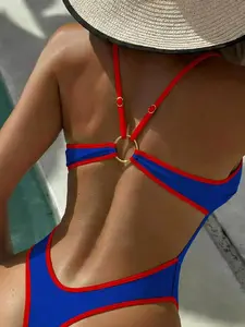 LALUZ Boutique Placement Print Color Block National Flag Backless High Slit One-Piece Swimwear For Women Beach Vacation Summer Outfit
