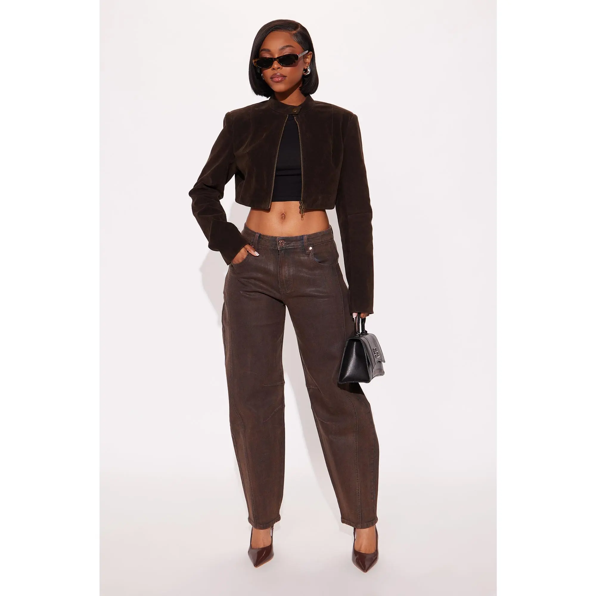 Cali Coated Barrel Leg Jeans - Brown
