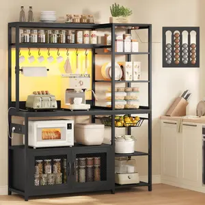 47.2" Bakers Rack with Power Outlet & LED Light, Reversible Coffee Bar with Coffee Pod Holder for Vetuo, Microwave Stand with Storage Shelves, Cabinet, Wire Basket, Paper Holder, 8 Hooks, Black