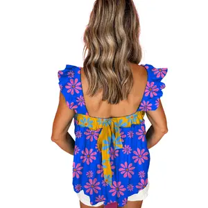 Women's Blue Floral Colorblock Flutter Straps Flowy Tank Top for Summer