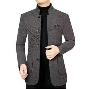 Autumn Winter Thin Velvet Mid-Length Coat Stand Collar Jacket Business Woolen Coat Men's Casual Slim Fit Men's Autumn Winter Overcoat