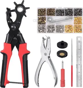 Leather Hole Punch Set, 240Pcs Leather Double Cap Rivets with Heavy Duty Punch Plier, Belt Hole Puncher Revolving Hole Punch Rivets Tool Kit for Belt Shoes Fabric