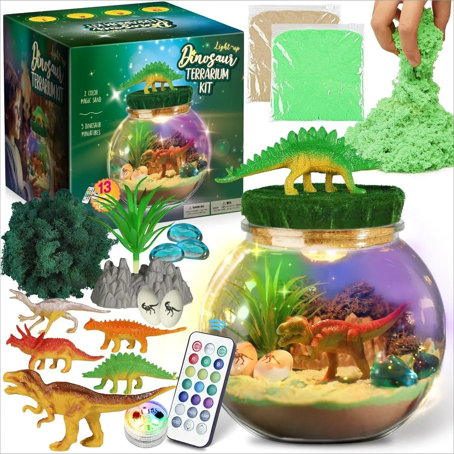 P-MTS01 Dinosaur Terrarium Craft Set - DIY Dino Miniatures Kit with Remote Light, 13-Colored LED Night Light - Birthday Gift for Boys Ages 4-12 - Kids' Arts & Crafts Toy
