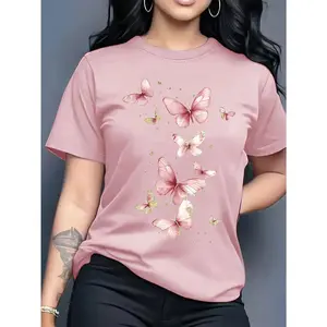 Women's Purple Fantasy Butterfly Pattern T-Shirt - Bright Pink with Purple and Blue Butterflies, Short Sleeve Round Neck Casual Top, Machine Washable Fabric, Four Seasons Comfortable Fit, Daily Fashionable Top, Stretch Material, Trendy Shirt