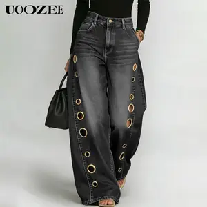 UOOZEE Women's 2026 New Buttoned Geometric Hollow Pockets Loose Jean Pants Bottoms, Spring Summer Casual Streetwear High WaistEyelet Cutout Denim Pants(Waist Runs Small - Check Size Guide or Order Larger)