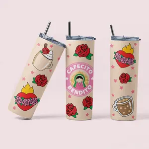 Cafecito y Chisme 20oz Skinny Coffee Tumbler with Straw, Pan Dulce, Mexican Gifts, Coffee Tumbler, Gift tumbler for her, Coffee Travel Cup Portable Drinkware Bottled Mug Reusable Water Bottles Washable Bottle