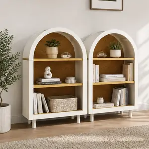 2-Piece Arched Small Multi Layer Bookshelf, 3-Tier Design Wooden Modern Open Shelf Unit, White with Woodgrain Shelves Engineered Wood Storage Cabinet, for Living Room, Bedroom, 23.6" W x 9.5" D x 37.4" H, White Oak Option, Three Tier Design