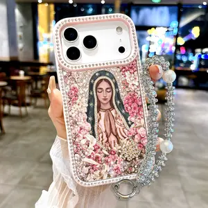 Virgin Mary Pattern Bling Glitter Phone Case with Sparkle Rhinestone Diamond+ Pearl Wristlet , Airbag Anti-Fall Crystal Cover for iPhone 17 16 15 14 13 12 11 Pro Max Plus Air, Unique Religious Art Aesthetic Gift