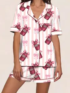Women's Spring Summer Sleepwear Set, Open Front Lapel Short Sleeve Shorts Two-Piece Home Wear, Light Striped Vintage Soda Can Butterfly Knot