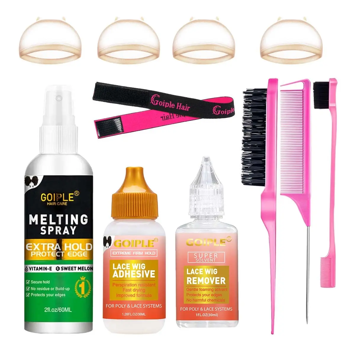 Goiple Lace Wig Set for Beginners, Waterproof Long-Lasting Invisible Adhesive, Hair Fusion Spray, Strong Natural Hold, Control Wig Kit, Lace Wig Glue, Secured Wig Kit, Wig Install Kit