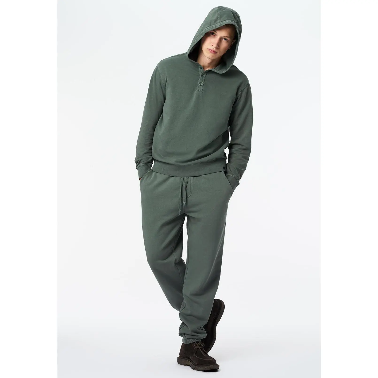 Kaye Men's Long Sleeve Relaxed Henley Hoodie, Dark Forest - BM24675