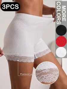3-Pack High-Waisted Plain Ribbed Women's Boxer Briefs, Lace Trim Design, Lightweight Breathable Comfort, Ideal for Daily Wear, Fitness, Yoga, Underwear