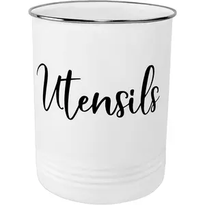 Farmhouse Utensil Holder - Stylish Countertop Organizer and Kitchen Decor  - Stainless Steel Rim - White