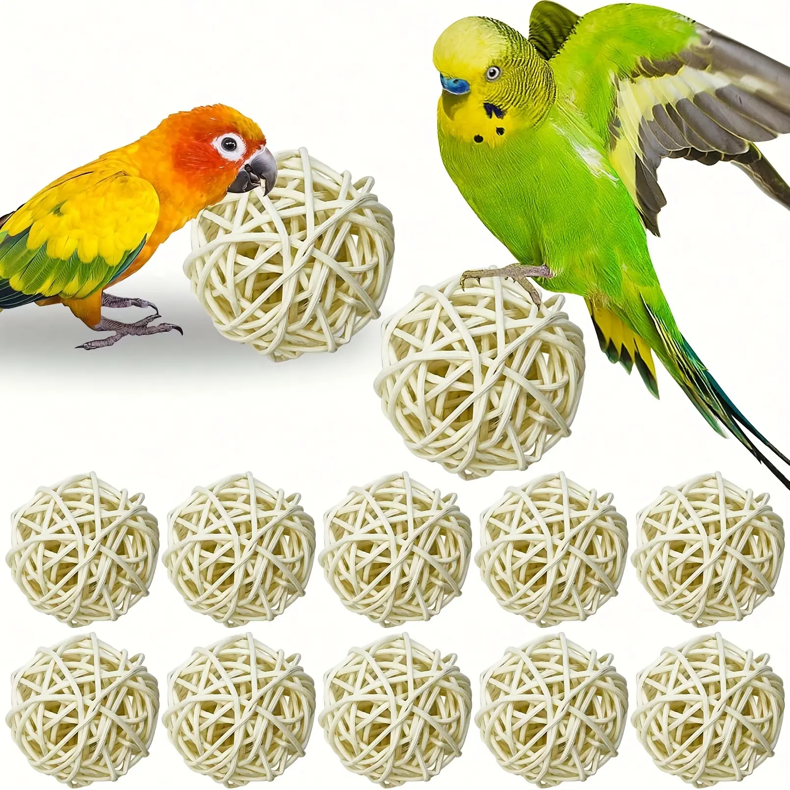 Natural Wood Geometric Willow Ball Toy for Parrots, 10pcs/20-Pack Stain-Resistant Universal-Size Interactive Foraging Play & Chew Activity Bird Toy, Interactive Toy