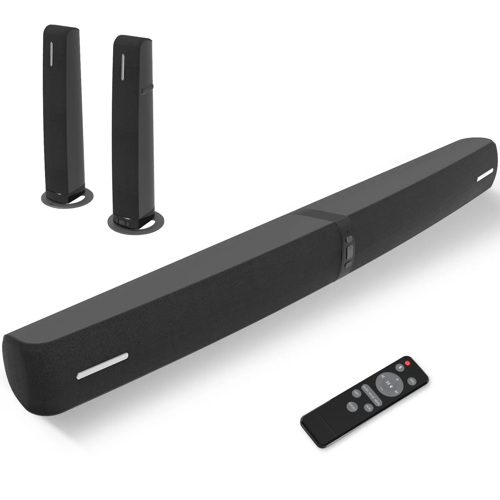 Sound Bar for Smart TV, 90W Detachable 2‑in‑1 TV Soundbar Bluetooth ARC Optical AUX, Auto Volume Boost, 3 EQ Modes for TV PC Gaming Projector