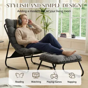 Patio Lounge Chair with Ottoman, Comfy Sling Recliner with Puffy Cushion & Foot Stool, for Living/Bed/Reading Room, Black Frame Grey Cushion  Upholstered Glider Rocker Chair Adjustable Mom's Nursing Rocking Chair