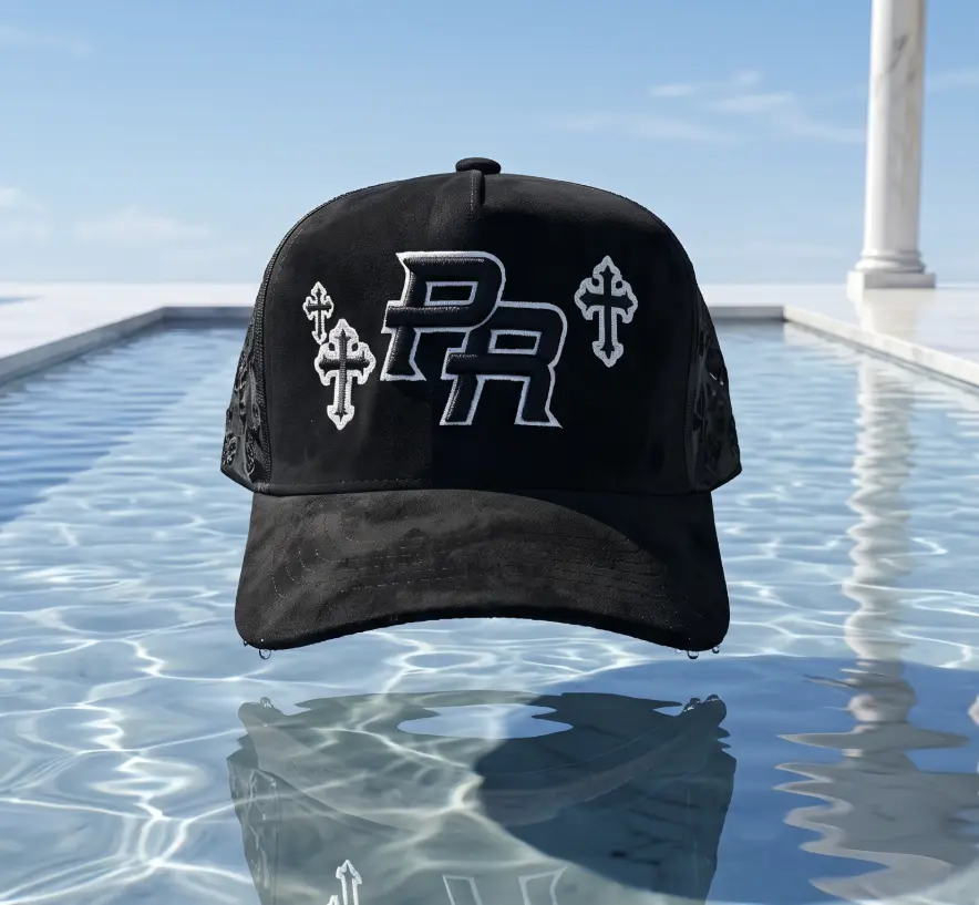 PR SUEDE CROSS Premium Suede Snapback Cap with Custom Embroidery and Intricate Stud Details Adjustable Fit for Street Culture Lux Snap Back Hat Trendy Hat Statement Cap Curved Brim Debossed Monogram Pattern