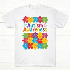 Autism Support T-Shirt, Rainbow Puzzle & Stick Figure Print