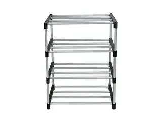 Mainstays 4 Tier Shoe Rack Black and Silver 8 Pairs of Shoes Metal Tubes & Plastic Connectors Organizer