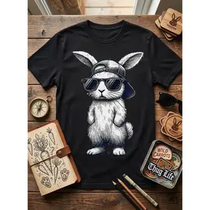 Easter Rabbit T-shirt, wearing sunglasses and rabbit print T-shirt, sketch design, fun rabbit clothing, suitable for men, women, mothers and friends, couple style, fashionable and loose, youthful and energetic, men's daily wear top