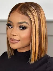 12 Inch Honey Blonde Ombre Straight High Heat Fusion Wig 180% Density for Women, 13 by 4 Lace Natural Look for Daily Wear