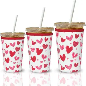 Iced Coffee Insulator Sleeve for Cold Beverages,3 Pack Neoprene Coffee Coolies sleeves for Iced & Hot Drinks,Drink Sleeve Compatible with  Coffee and  (Heart)