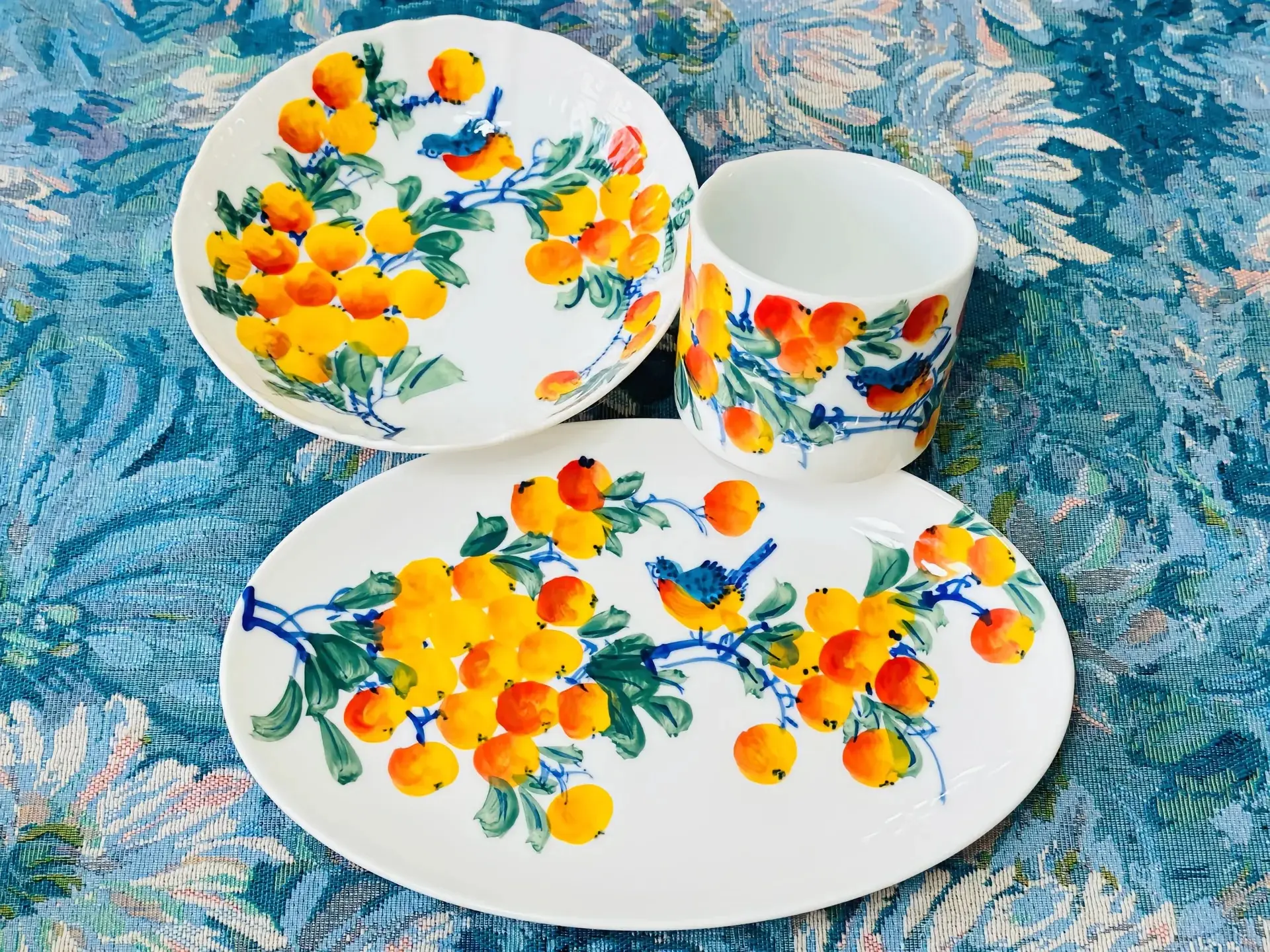 Hand Painted Loquat & Bird Ceramic Tableware Set, Vintage Floral Porcelain Plate & Mug, Bright Artistic Dinnerware for Home Decor & Breakfast