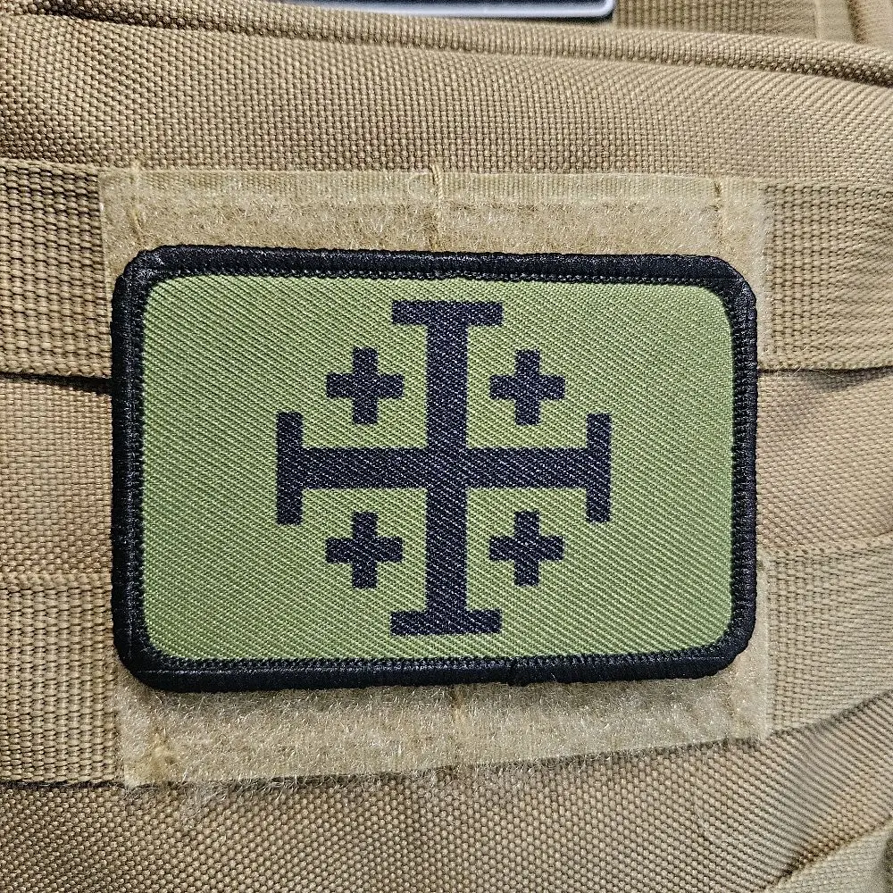 Jerusalem cross green 2"x3" removable morale patch with hook and loop for hat