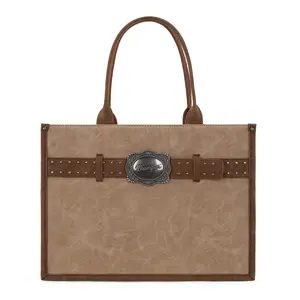 Wrangler Buckle Tote/Crossbody Bag for Women Fall Purse Everyday Use Durable Materials PU Leather Engraved Antique Silver Buckle Zippered Pockets