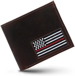 RAW HYD American Firefighter Flag Wallet – Full Grain Leather Wallet w/Needlepoint Red Lives Flag – Men's Brown Leather Bifold Wallet – Thin Leather Wallets for Men - Genuine Leather Wallets for Men