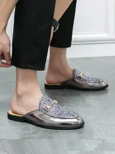 New Men's Sequined Glitter Mules Half Slippers, Shiny Patchwork Sparkle Shoe Face, Metal Buckle Decoration, Low Heel Anti-Slip Sole