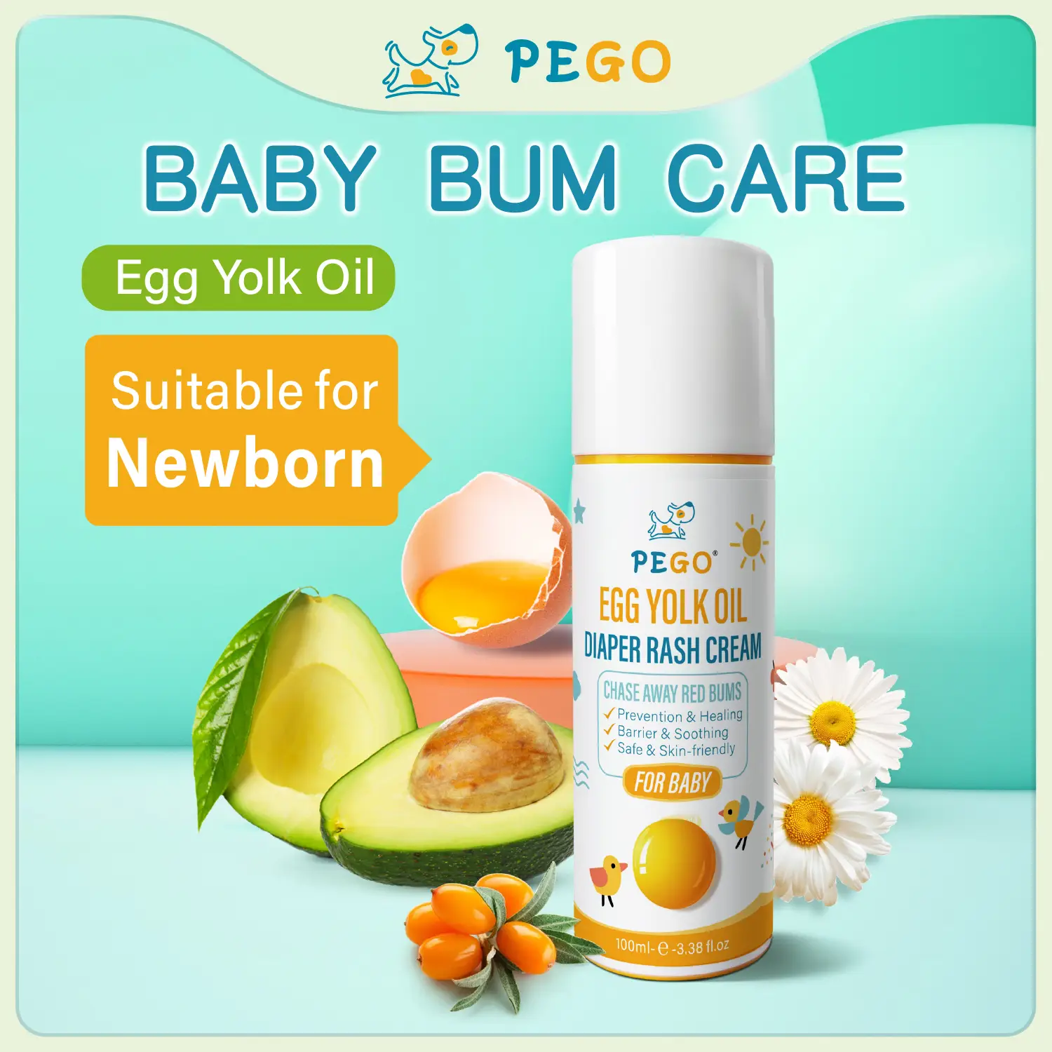 PEGO Baby Diaper Rash Cream - Prevents and Soothes Diaper Rash, Baby Butt Paste, Prevents Red Bottom, 12-Hour Skin Protection, Natural Newborn Skincar