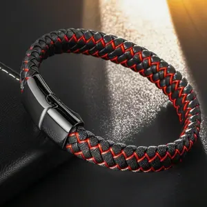 Pure black leather bracelet, Punk leather bracelet for men, woven leather strap with magnetic clasp