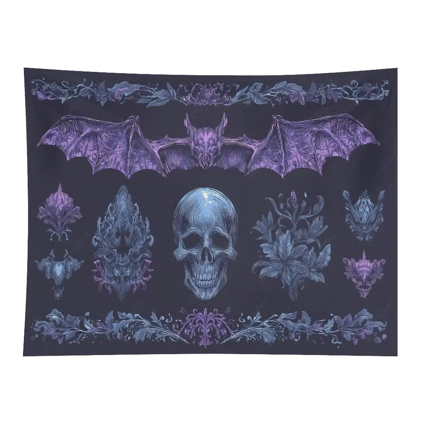 Dark Purple Gothic Bat Skull Ornate Floral Vine Vintage Engraved Line Art Spooky Halloween Mystic Wall Tapestry For Gothic Bedroom Decor