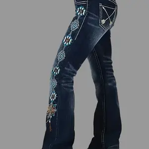 Floral Embroidered Stretch Denim Flare Jeans
