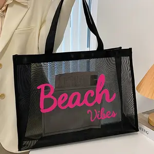 Clear Mesh Beach Bag Large Capacity for Pool & Beach Essentials Organiser in Red Black Mixed Color Polyester Material
