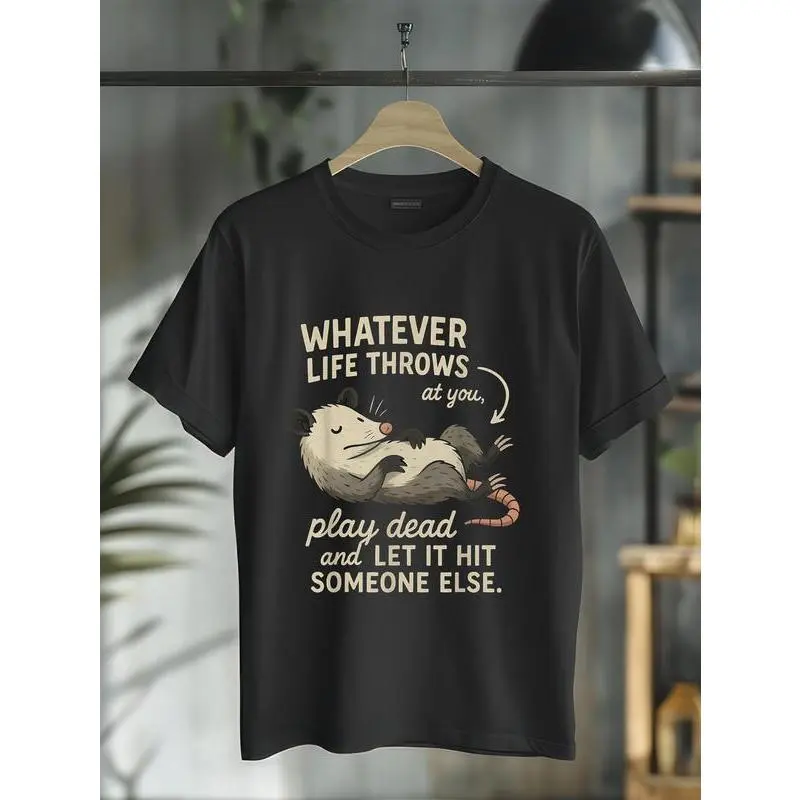 Women's Humorous Possum Graphic T-Shirt, Vintage Style 100% Cotton Crew Neck, Short Sleeve Casual Fit for Everyday Streetwear, Shortsleeve, Funny Possum Quote, Round Neck, Clothes, Large, Wide Range Of Sizes, Tops
