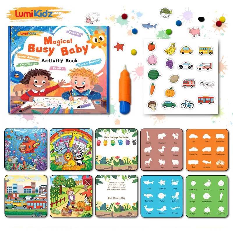 LUMIKIDZ Summer Clearance 3-in-1 Busy Book for Toddlers - Water Painting, Tracing Coloring, Montessori Sensory Board, Autism Learning Materials, Montessori Toys, Art for Kids, Toddler Learning Activities, Fine Motor Skills Travel Toy for 2-6 Year Olds, Bu