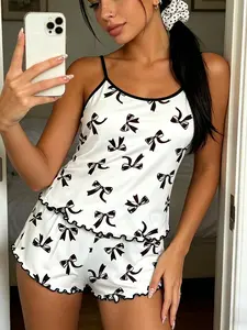 Base Bow Print Tank Top Pajamas Set, Trim Ruffle Design, Sweet Cool Girl Aesthetic Style, Breathable Home Sleepwear Women