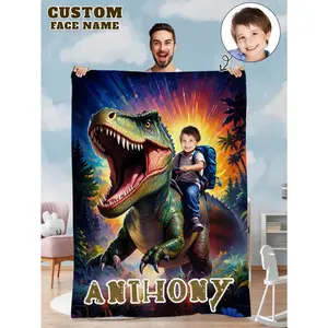 Custom Photo Blanket Personalized Flannel Bed Blanket | Unique Christmas Gift for Kids, Family & Friends | Dinosaur Themed Custom Faces Blanket | Cozy Bedding Throw for Boys