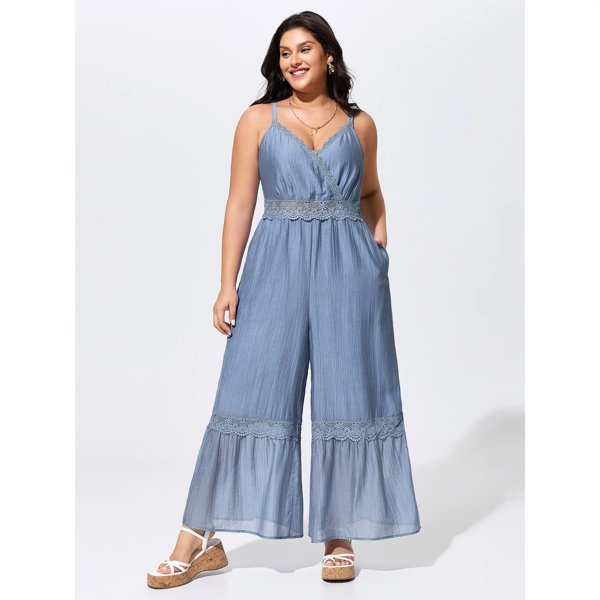 BloomChic Women's Plus Size Boho Overalls in a Smooth, Low Iron Rayon Blend, Solid Wide-Leg Fit with Pockets and Smocked Detail, Nylon, Garment, Curvy Women Plus Size, Do Not Tumble Dry, Casual, Plus Size Clothes, Curvy Clothing