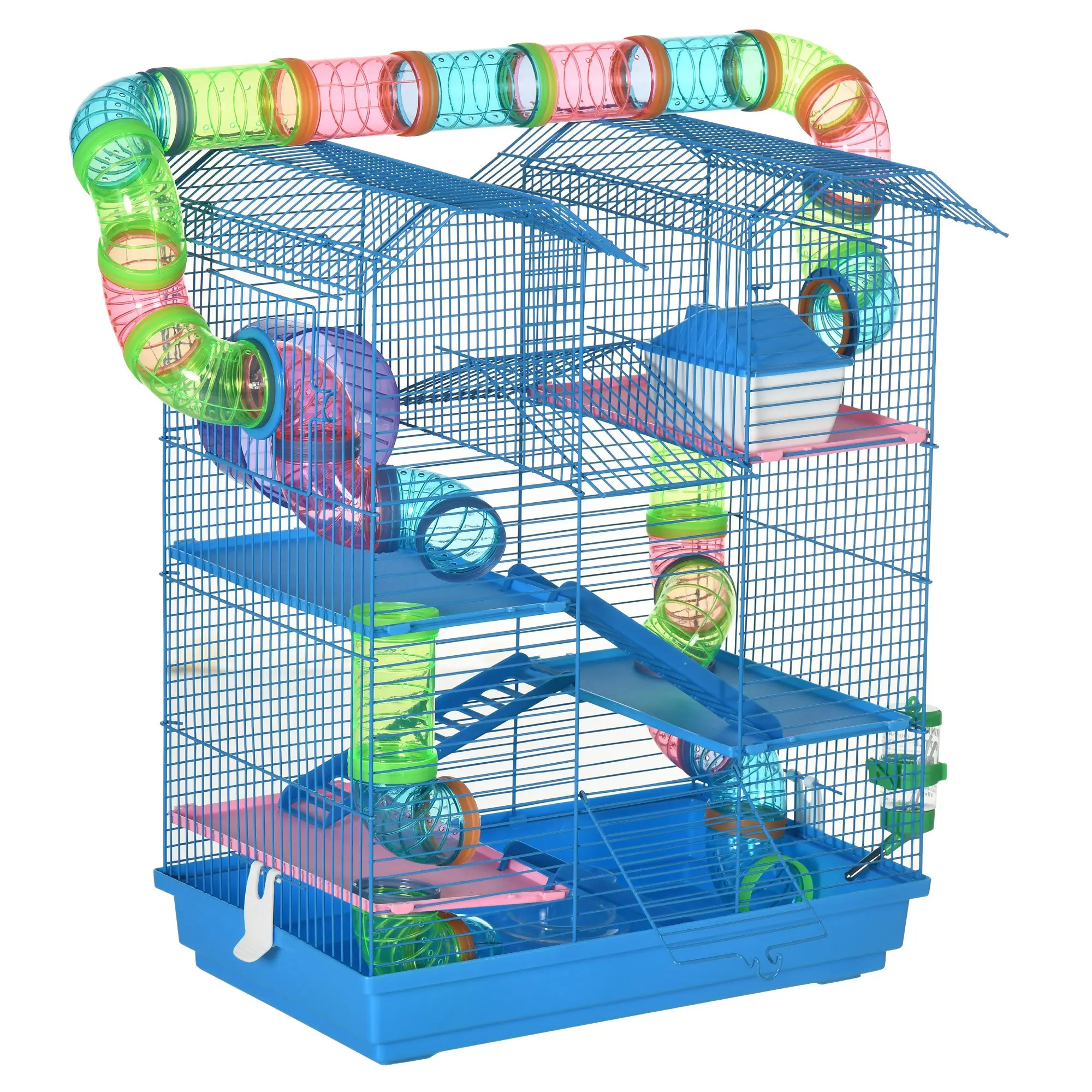 5-Tier Hamster Cage – Tubes, Tunnels, Wheel, Ramps & Hut. Includes Water Bottle, Food Dish & Exercise Wheel. Lightweight, Ventilated. For Dwarf Hamsters & Gerbils. Blue