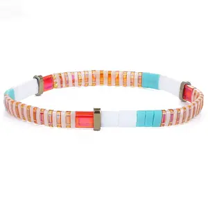 KELITCH Bracelets Rainbow Beach Color Mix Tila Flat Beads Single Strand Bracelet Jewelry Bangle
