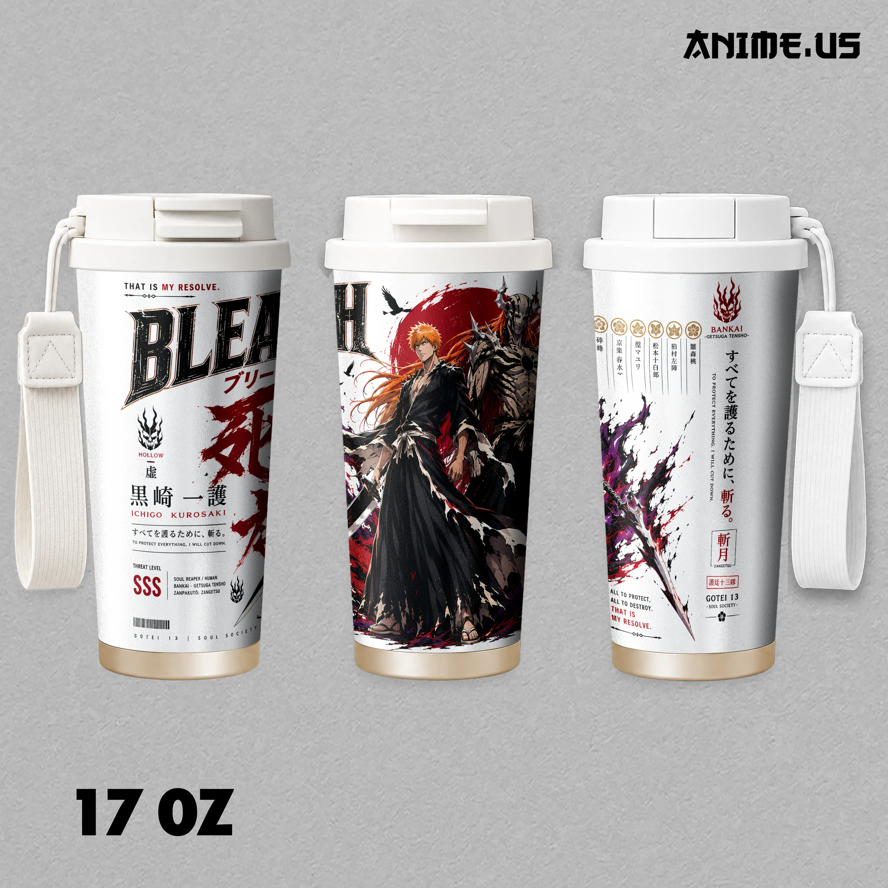 Insulated Tumbler Bleach Ichigo Kurosaki Bankai 30oz 24oz 17oz Stainless Steel Anime Travel Mug Double Wall Vacuum Coffee Cup Gift for Bleach Fans