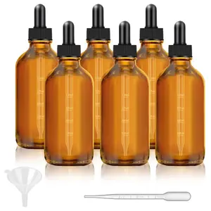 6 Pack, 4 oz Dark Amber Dropper Bottles with Measured Dropper, Glass Eye Dropper Bottle for Essential Oils with Funnel, Labels & Pipette, Droppers for Oils (Unbreakable Plastic Eye Dropper)