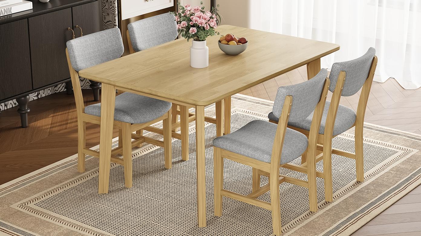 Rustic 5-Piece Dining Table Set 1 Solid Wood Table with 4 Upholstered Chairs, Farmhouse-Style Dining Furniture for Kitchen & Dining Room, Minimalist Dining Set for 4