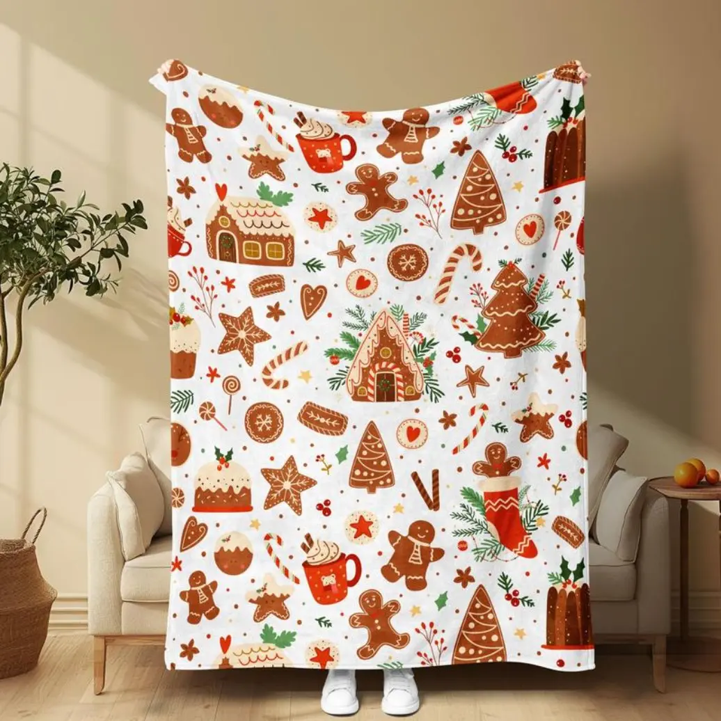 Christmas Blanket Gingerbread House Pattern Blanket,   1 Count Soft and Comfortable Air-conditioned Room Flannel Throw, Warm Nap Blanket for Home & Office  It is an excellent gift for children, family and friends