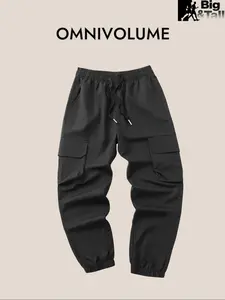 Men's Oversized Cargo Pants with Drawstring Waist, Multi-Pocket Design, Casual Woven Fabric, Spring & Fall Outdoor Wear