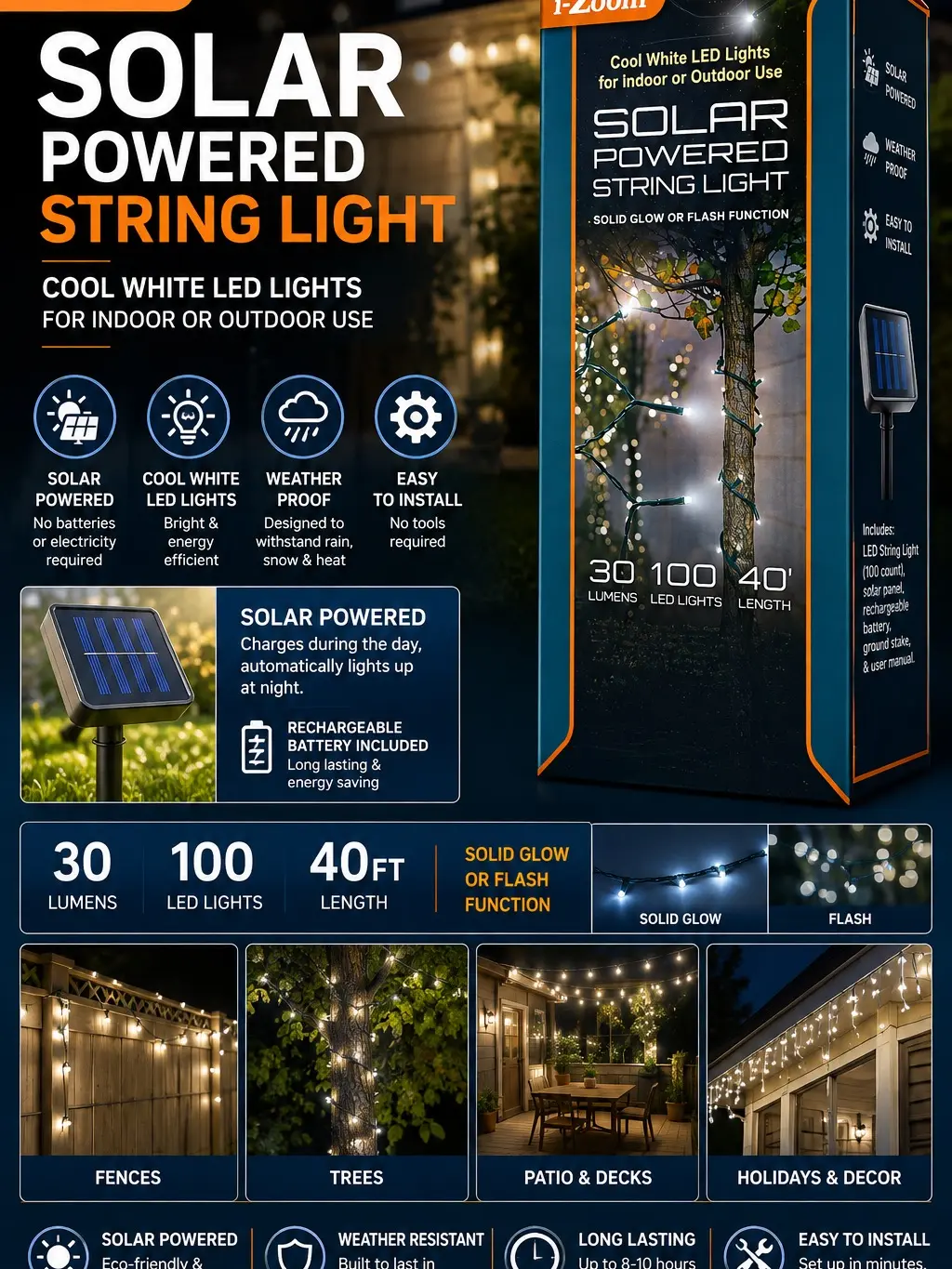 $69.99 MSRP i-Zoom 40FT Solar Powered String Lights | 100 Cool White LEDs | Indoor/Outdoor